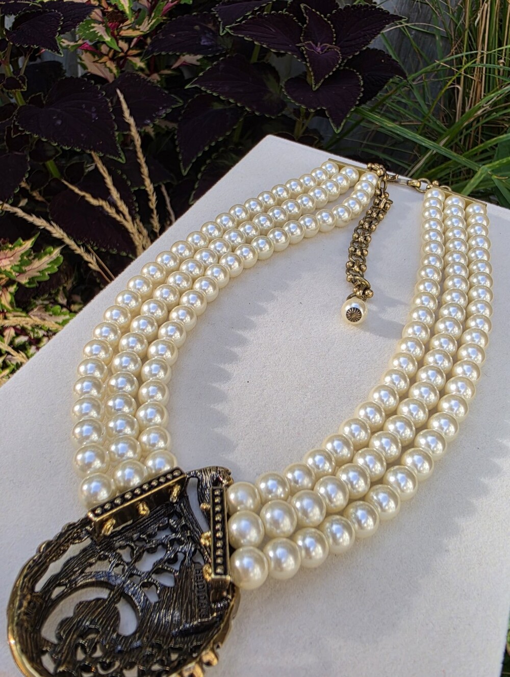 Elegant Ivory Pearl Multi-Strand Necklace with Crystal Pave Pendant - Picture 2 of 11